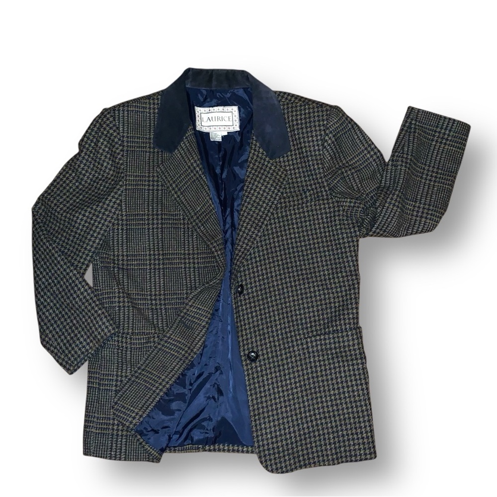v i n t a g e :: Plaid Houndstooth Wool Leather Collar Blazer - Picture 6 of 13